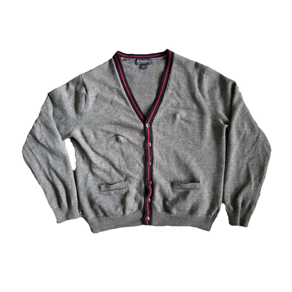 Brooks Brothers Merino Wool Cardigan Sweater L Gray Red Navy Trim Prep Old Money